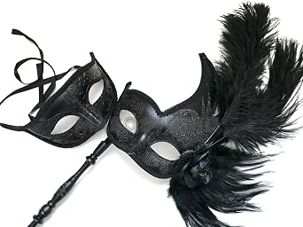 MASQ Masquerade ball stick mask Pair Detachable Handle Ostrich Feather Christmas New Year Mardi Gras Carnival Party