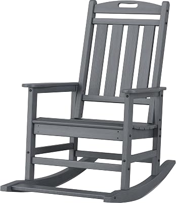 Outdoor Rocking Chair - HDPE Patio Rocking Chair with Footboard, High Back Porch Rocker All Weather Outdoor Patio Chairs for Front Porch Rocker Lawn Garden Deck Patio Balcony, Grey