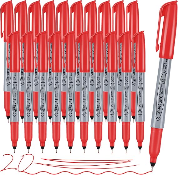 Red Ultra Fine Point Permanent Marker, 20 Pack, 0.4 mm, Precision Fine Tip for Detailed Writing, Art, Crafts & Labeling on Paper, Plastic, Glass, Metal, Waterproof, Fade-Resistant Ink