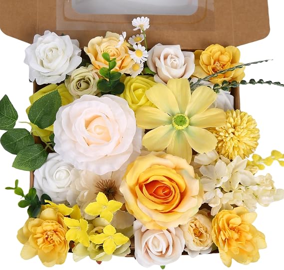 Yellow Silk Flowers Combo Set, Yellow & Champagne Artificial Roses Bulk with Stems for DIY Wedding Bouquets Bridal Baby Shower Cake Floral Arrangements Centerpiece