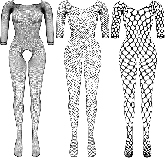 3 Packs Women Fishnet Bodysuits Mesh BodyStocking Fishnet Lingerie | Bodysuits One Piece Jumpsuit, Stretchy Lingerie, See Through Hollow Out Bod0ysuit, for Couple Dating Nightwear, Black