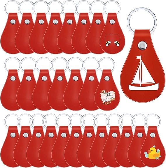 Taiyin 30 Pcs Leather Key Fob Kit PU Leather Keychain Blanks, Red | with Rivets and Key Ring, Blanks Keychain, for Laser Engraving, DIY Custom Keychains, Handmade Gifts, Craft Projects