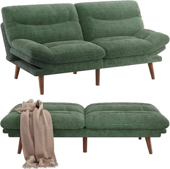 Pipishell Futon Sofa Bed, Modern 66" Futon Couch Convertible to Bed & Lounger, Compact Size, Corduroy Loveseat, Durable Construction - Fits Small Spaces, Apartments,Study Room(Seaweed Green, 66 Inch)