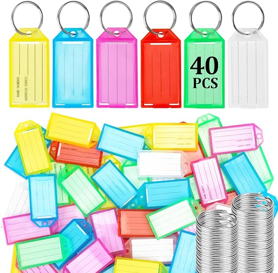 Sukh 40 PCS Plastic Key Tags - Keychain Labels with Clear Window and Rings