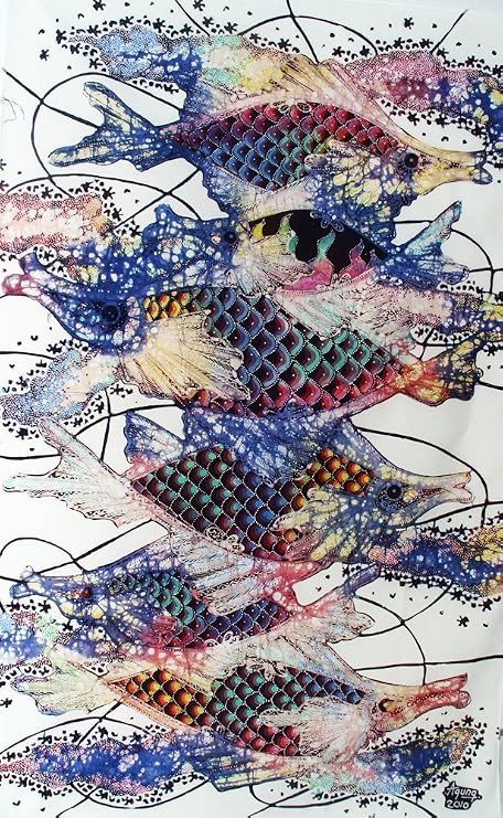 Original Batik Art Painting on Cotton Fabric, Fish and Prosperity' by Agung (45cm x 75cm)