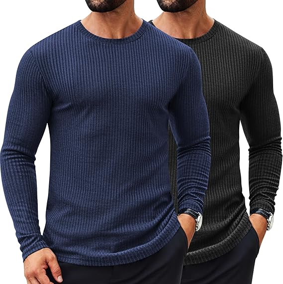 COOFANDY Men's 2 Pack Muscle T-Shirt Stretch Long Sleeve Gym Workout Bodybuilding Training Tee Shirts Casual Hipster Tops