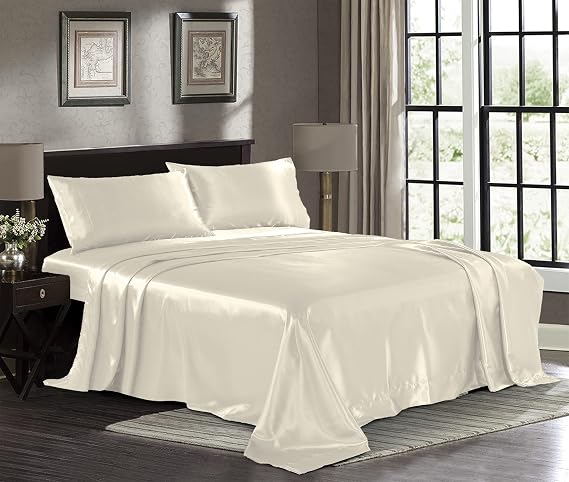 Pure Bedding Satin Sheets Queen [4-Piece, Ivory] Hotel Luxury Silky Bed Sheets Extra Soft 1800 Microfiber Sheet Set, Wrinkle, Fade, Stain Resistant Deep Pocket Fitted Sheet Flat Sheet Pillow Cases