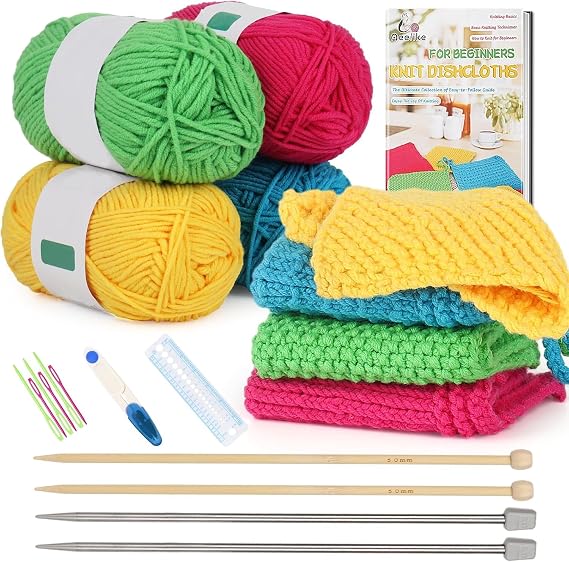 Aeelike Knitting Kit for Beginner Adult, Easy Dishcloth Knit Set, Color A