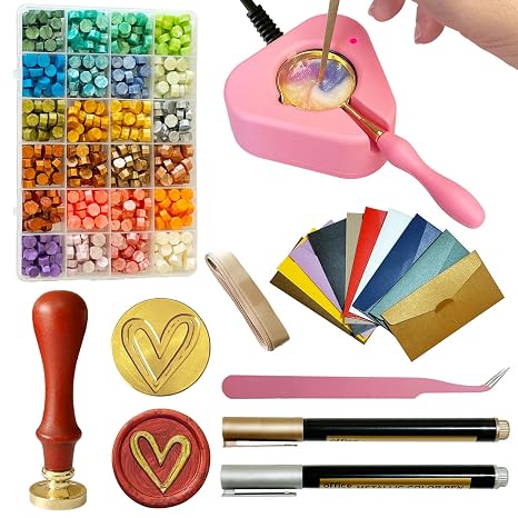 Electric Wax Seal Warmer Kit - Complete Set with Heart Stamp, 600 Wax Beads, 10 Envelopes & 2 Pens - Perfect for Wedding Invitations & DIY Letters (001Pink)