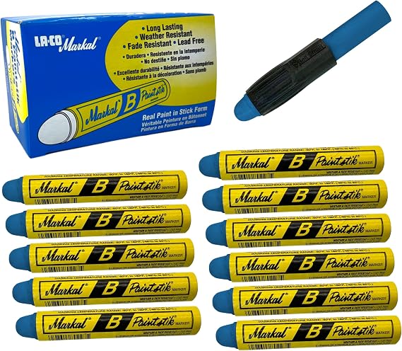 Genuine Markal 12-Pack Paintstik B Paint Markers - Permanent, Waterproof, UV Resistant for Metal, Wood, Tires - Made in USA - For Oily, Icy, Wet, Dry & Cold Surfaces w/Bonus Magnetic Grip (Blue)