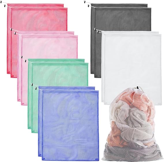 12 PCS Mesh Laundry Bags, 35.4 x 23.6 in Laundry Bags Mesh Wash Bags, Delicate Laundry Bag, Multicolor Drawstring Wash Bags for College, Dorm, Travel, Apartment, Delicates, Breathable Laundry Storage