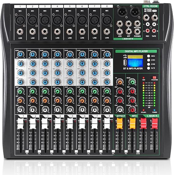 XTUGA CT80 8 Channel Audio Mixer Portable Mini Sound Mixing Console, USB Interface, Echo & Reverb Effect, 48V Phantom Power Bluetooth PC Recording/DJ Stage Broadcast RCA Input/Output MP3, EQ Built-In