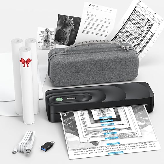 Portable A4 Thermal Printer | 3 Rolls Thermal Paper & 2 Folding Papers Included | Inkless Bluetooth Printer w/Carry Case, Supports 8.5"x11" US Letter, Cellphone APP Compatible for Travel