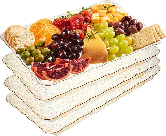 Plasticpro Plastic Serving Trays - Serving Platters Rectangle 9X13 Disposable Gold Glitter Party Dish Includes 4 Trays