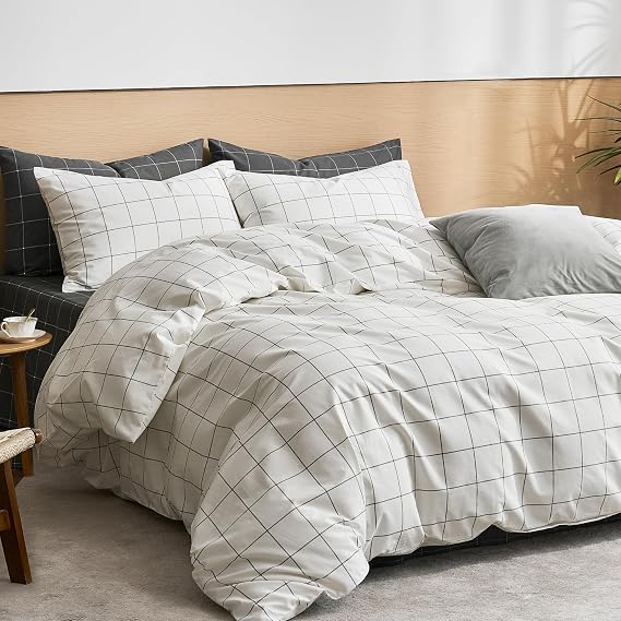 JELLYMONI 100% Cotton Plaid Twin Duvet Cover Set, White