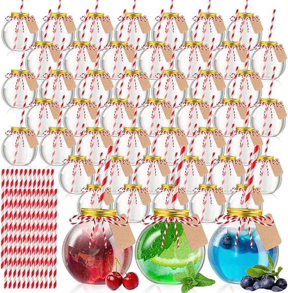 Yaomiao 16 oz Mini Plastic Fish Bowl Ornament Cups for Drink Plastic Clear Fish Bowl with Lids and Straws Spherical Bottles Bulk for Christmas Holiday Cocktails Party Decorations Candy Gift(72 Pcs)