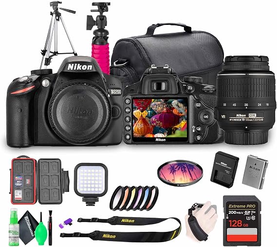 Nikon D3200 24.2MP DSLR Camera with 18-55mm Lens & Tripod Bundle | For Photography & Video | Full HD | Full HD 1080p Video Capture | 128GB Memory Card + More