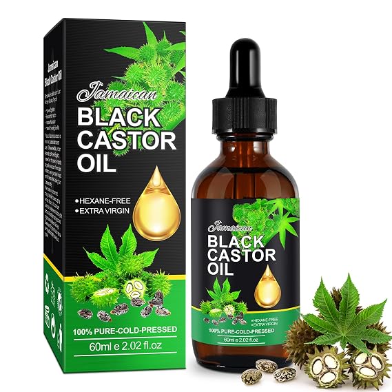 Jamaican Black Castor Oil 2Fl Oz, Organic Cold Pressed Unrefined Castor Oils for Hair Growth & Skin Care, Nourish Eyelashes and Eyebrows - Glass Bottle