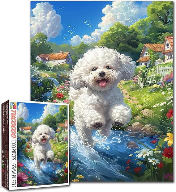 Tucocoo Country Village Bichon Jigsaw Puzzles for Adults 1000 Pieces, Flower Garden River Dog Running Art Puzzle Colorful DIY Puzzles for Home Decoration Gifts, Family Puzzle Perfect for Game Nights