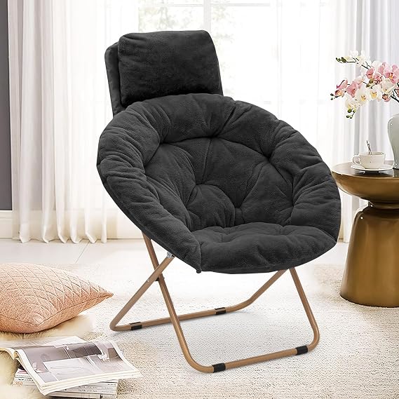 Round Comfy Saucer Chair with Headrest Large Cozy, Metal Frame Cozy Lounge Lazy Chair Folding Faux Fur Saucer Chair for Adults, Foldable Papasan Moon