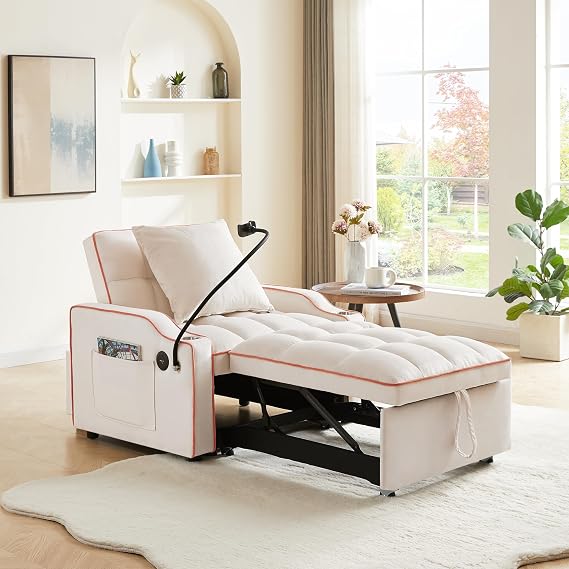 KEIKI 36" Velvet Convertible Pull-Out Sleeper Sofa Chair Bed with Adjsutable Back, 2 Arm Pocket, USB, Modern 1-Seater Couch with Swivel Phone Stand, Easy Assembly, for Living Room, Bedroom, Beige
