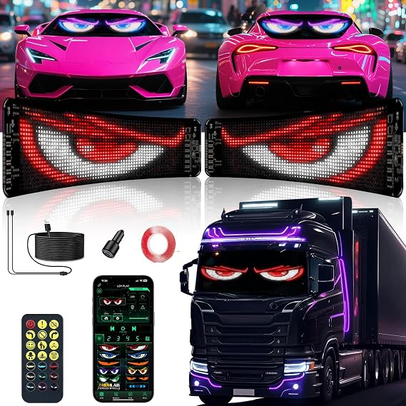 2 Pack Devil Eyes Light for Cars, LED Car Sign Windshield Display, Truck Decoration Programmable Matrix Remote/App Control, Custom Text/GIFS for Sedans, SUVs, Trucks, 14"x4"