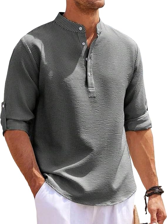 Hodaweisolp Mens Long Sleeve Waffle Henley Shirt Casual Lightweight Textured Button Shirts