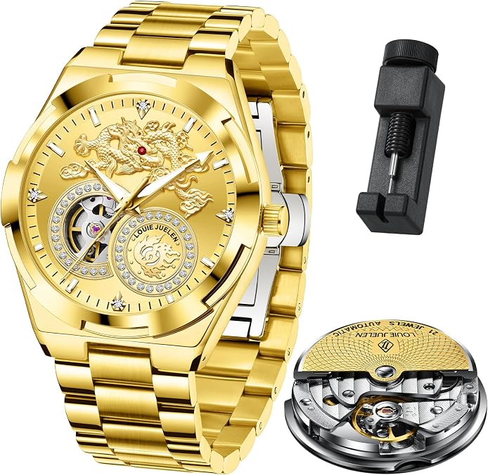 Men's Luxury Automatic Watches with Self-Winding Movement Analog Mechanical Watch Luminous Waterproof Wrist Watches for Men, Gold/Green/Gray/White/Black Dial, Leather/Stainless Steel Band, No Battery Needed