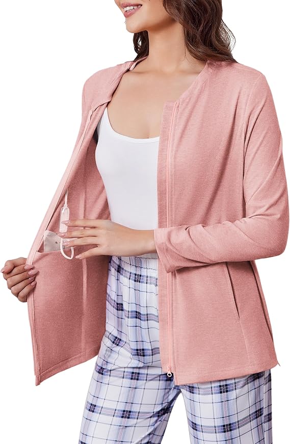Deyeek Mastectomy Shirts with Drain Pockets Post Shoulder Surgery Tops for Women Chemo Port Long Sleeve with Zippers