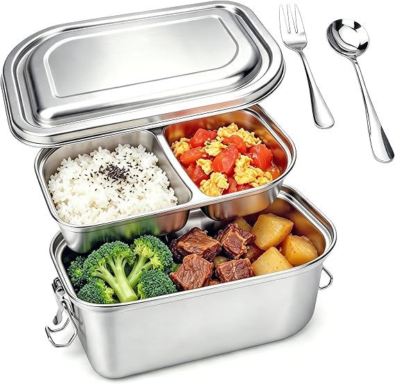 8.6'' x 5.9'' Stainless Steel Lunch Container Bento Box, Metal Lunch box, Metal Food Containers Stainless Steel Food Container, With Leakproof Lid, Fork and Spoon