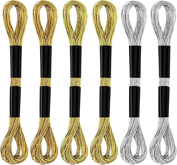 6 Skeins Metallic Embroidery Threads (Gold+Light Gold+Silver) | Embroidery Floss Friendship Bracelet Cross Stitch Thread for Sewing Making Yarn Accessories Craft String Art Supplies