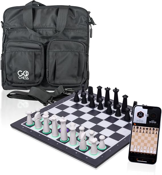 GoChess Mini AI Chess Board & Deluxe Carry Bag Light-Up Electronic Smart Chess Set for Adults & Kids with Coaching, Online Play & Travel-Ready Organizer