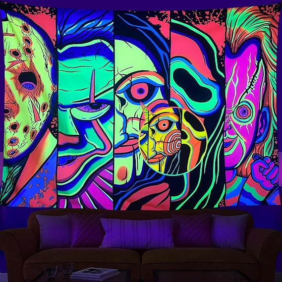 Black Light Art Halloween Wall Decor Trippy Blacklight Horror Face Tapestry, UV Reactive Tapestries Glow in The Dark Party Tapestry for Bedroom, Living Room (29" x 37")