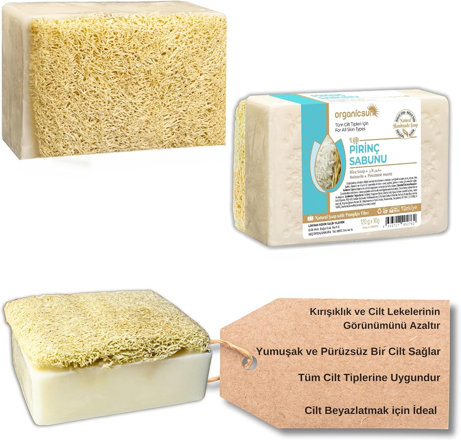 Organicsun Natural Pumpkin Fiber Rice Soap 120 Gr With Vitamin E and B Whitening Effect for All Skin Types
