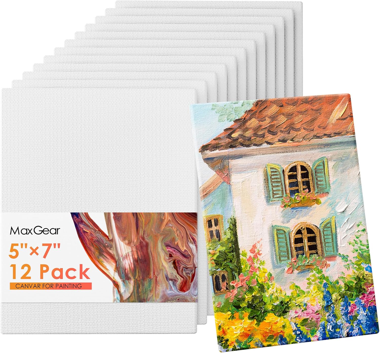 MaxGear Small Canvas for Painting Canvases, 5x7 Cotton Primed Canvas Boards, Bulk Paint Art Supplies for Adults & Kids, 12 Pack White Blank Canvas Panels for Oil Watercolor Acrylic Gouache Tempera