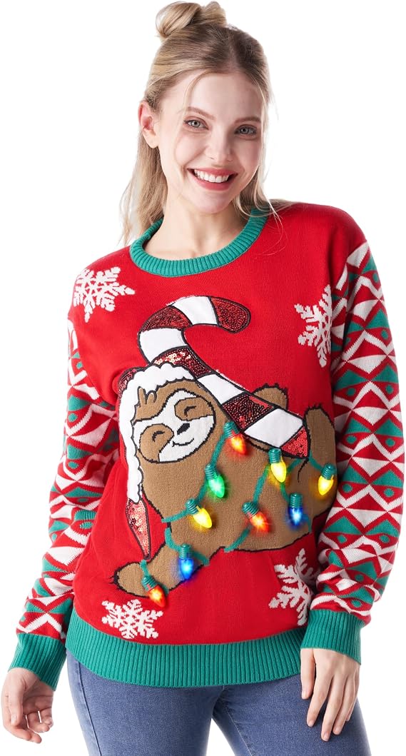 Giggling Getup Ugly Christmas Sweater with Light, LED Ugly Christmas Sweater for Women Men Kids 2025 Sloth Bear(Red)