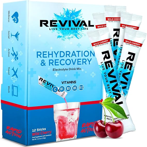 Revival Hydration Electrolytes Powder Packets, Supplement Drink Mix - Sport, Wellness, Travel - Cherry, 12 Count (Pack of 1)