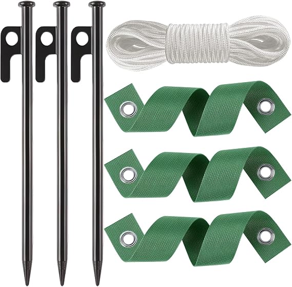 3 Pcs 12 Inch Heavy Duty Steel Tree Stake Kits, Tree Stakes and Supports for Young Trees Against Bad Weather Leaning Tree Anchor Straightening Kit, Bonus Tree Straps & Rope for Anchoring