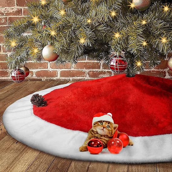 yuboo Santa Christmas Tree Skirt, Red&White Velvet Tree Rug 48 Large for Red White Christmas Decorations&Ornaments, Machine Washable