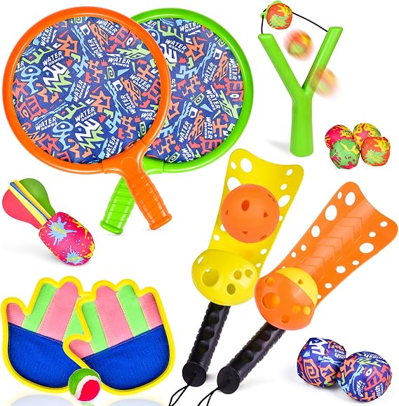 FUN LITTLE TOYS Sports Outdoor Game Set Scoop Ball Toss Throw Catch Game Tennis Racquet Sports Toy Slingshot Rocket Copter Water Toy for Kids 17 Pieces