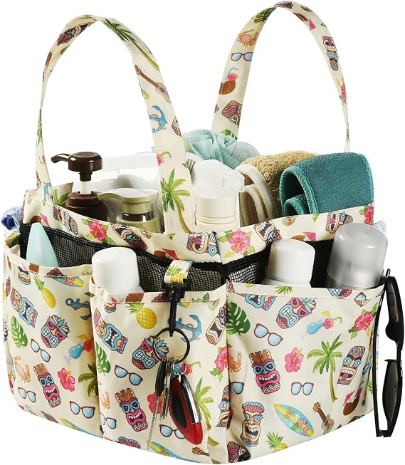 Portable Mesh Shower Caddy Bag, Large Basket Organizer with Key Hook for College Dorm Bathroom Camp Gym, Hanging Tote Bag with 8 Pockets (Luau Style)