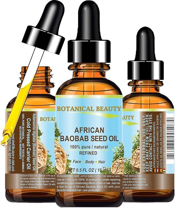 Botanical Beauty BAOBAB SEED OIL 100% Pure Natural Refined Cold-Pressed Carrier Oil 0.5 Fl oz 15 ml For Face Skin Body Hair Lip Nails Rich in Vitamin C
