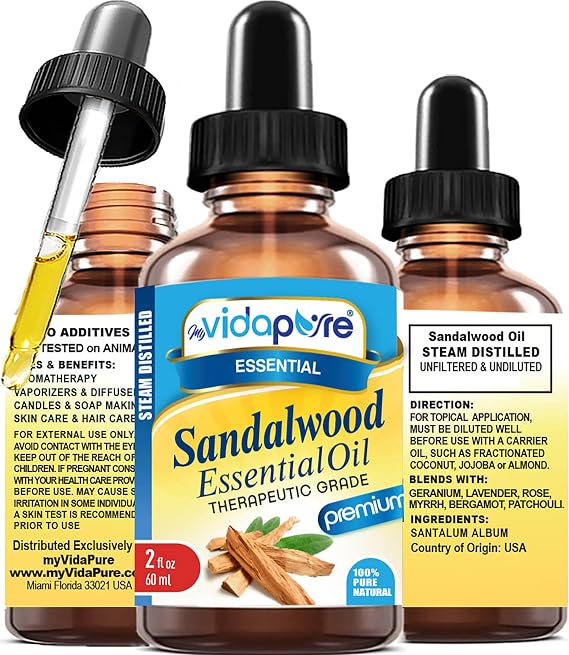 Sandalwood Essential Oil 100% Pure Natural Undiluted Therapeutic Grade Essential Oil 2 fl oz- 60 ml for Aromatherapy, Soaps, Candles, Reed Diffusers, Beauty, Hair, Skin