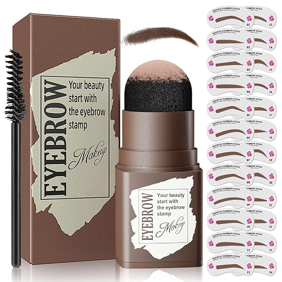 Eyebrow Stamp Kit - Eyebrow Stencil Kit, Brow Stencils for shaping with 24pcs Reusable Eyebrow Stencil, Brow Stamp with Brush Long-Wear Smudge-Proof (Medium Brown)