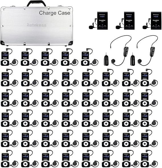 Retekess T130 Tour Guide System, Tour Guide Headsets with 2 Wireless Mic, 32-Slot Charge Case, Assistive Listening System for Church,School(3 Transmitters 45 Receivers)
