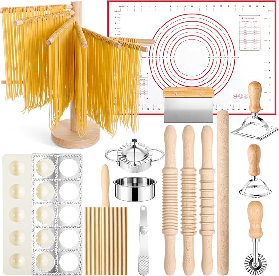 15 Pcs Pasta Making Tools Kit Include Wood Threaded Rolling Pins 3 Size, Pasta Drying Rack, Metal Dough Cutters, Wooden Gnocchi Board, Ravioli Stamps, Kitchen Gift for Mom, Home, Beginners