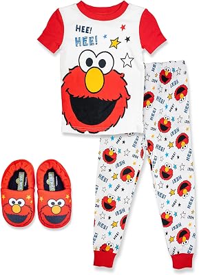 Sesame Street Elmo Toddler,2 Piece Pajama Set,with Matching Toddler Elmo Slippers, 100% Cotton