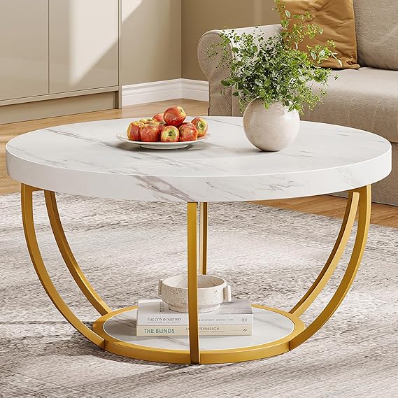 Tribesigns White and Gold Round Coffee Table, 31.7" Living Room Table