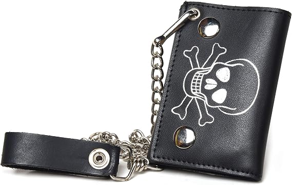 Leatherboss Genuine Leather Cool Skull Bone Biker Chain Wallet, Black