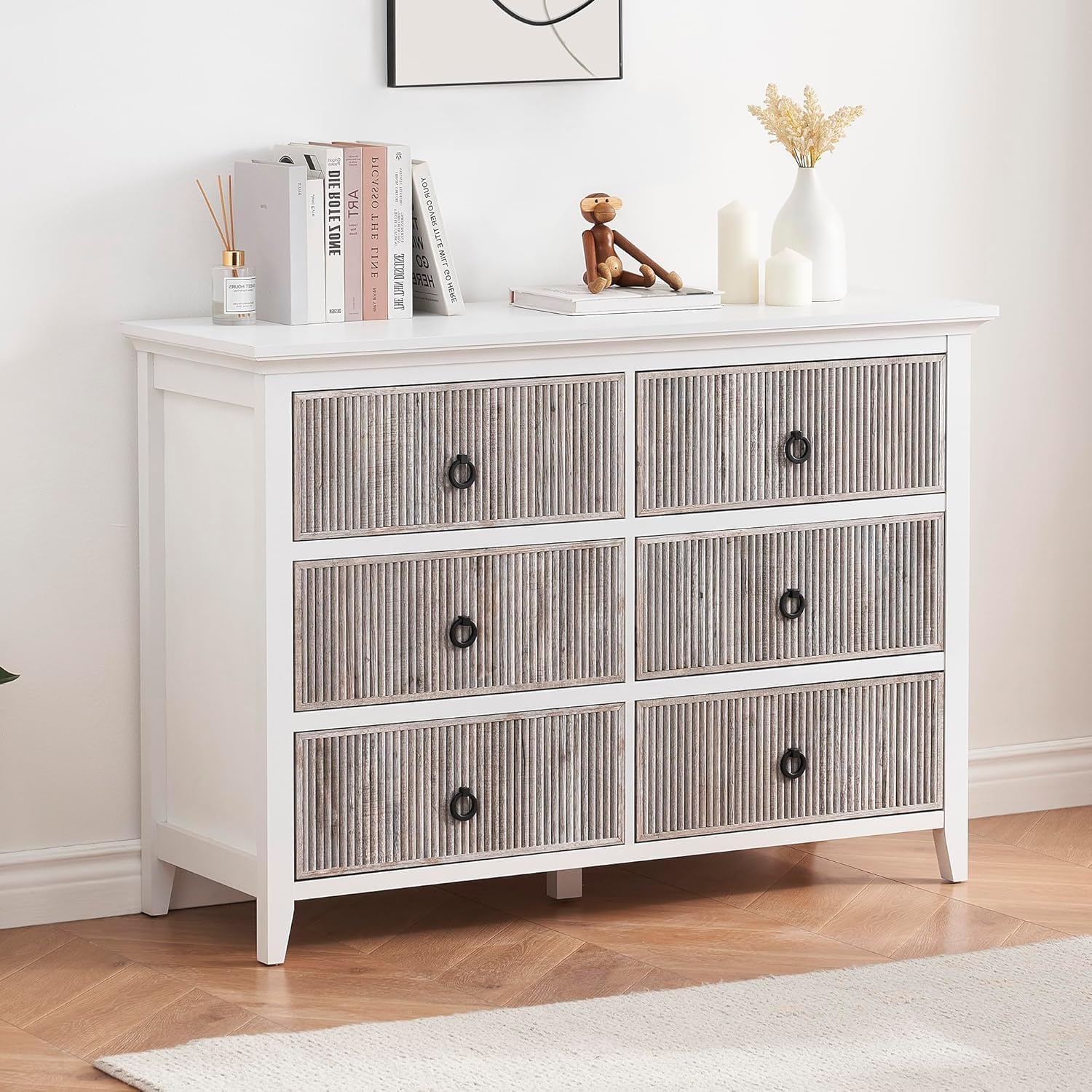 IDEALHOUSE 6 Drawers Dresser for Bedroom, Modern Closet Dressers Chest with Waveform Fluted Dresser, 47.2’’ Wide Wooden Dresser Organizer for Bedroom Hallway Closet Bedroom Living Room
